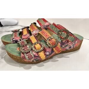 Spring Step L’Artiste Leather Wedge Sandals Multicolor Buckle Size 7